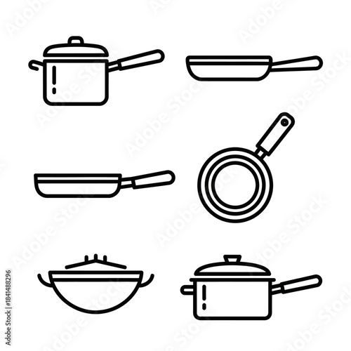 Collection of Simple Line Art Kitchen Cookware - Pots and Pans Illustration.