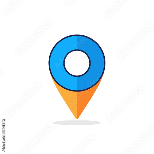 Colorful blue and orange map location pin icon with a bold black outline and flat design style.