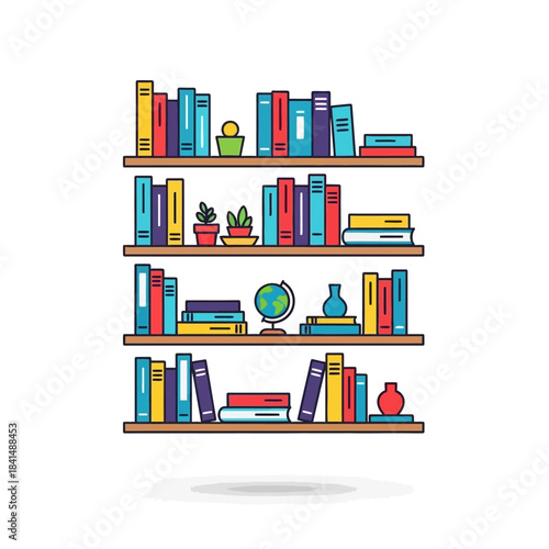 Colorful Bookshelf Illustration Featuring Books, Plants, and Decorative Objects.