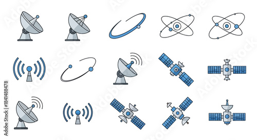 Collection of Space Communication and Scientific Research Icons.