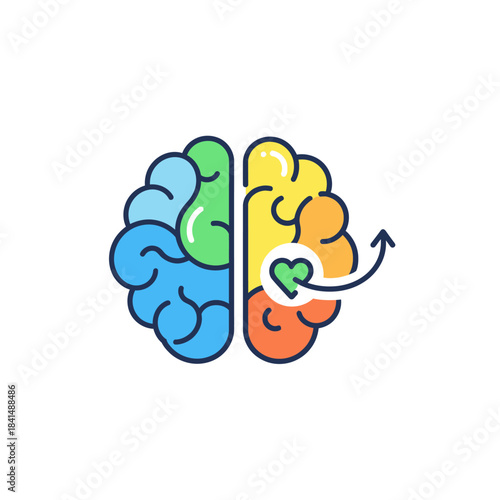 Colorful Brain Illustration with Heart Symbol and Curved Arrow, Representing Emotions and Thought.