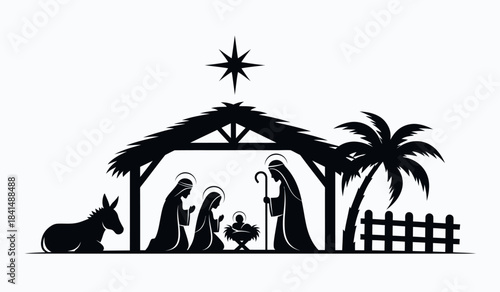 Nativity scene silhouette with star and stable