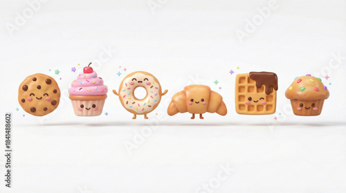 A vector row of adorable bakery items such as cupcakes, donuts, cookies, and bread loaves illustrated as kawaii characters.Soft pastel colors and smooth vector shading make it perfect for bakery brand