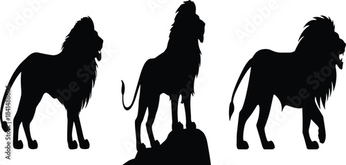 Three lion silhouettes in majestic poses, standing and walking with flowing mane, powerful wildlife animal symbol of strength, leadership, and pride