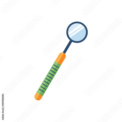 Colorful cartoon dental mirror with a vibrant green and orange striped handle and a dark blue frame.