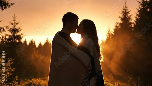 Romantic silhouette of young couple wrapped in blanket kissing on forest road at sunset with golden backlight and lens flare