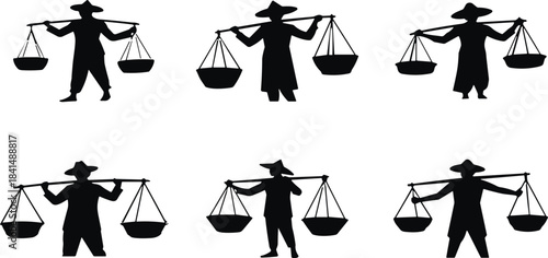 Traditional Asian farmer or vendor silhouette carrying heavy goods with a bamboo shoulder pole and woven baskets, representing labor, heritage, and r 