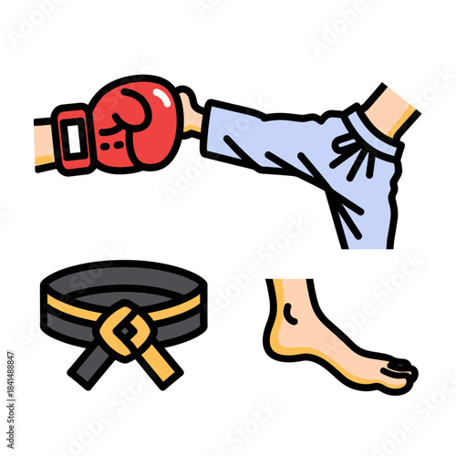 Colorful cartoon icon set for martial arts, featuring a punching boxing glove, a tied black belt, and a bare foot.