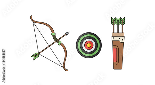 Colorful cartoon illustration of an archery equipment set, including a recurve bow with a nocked arrow, a circular target, and a quiver.