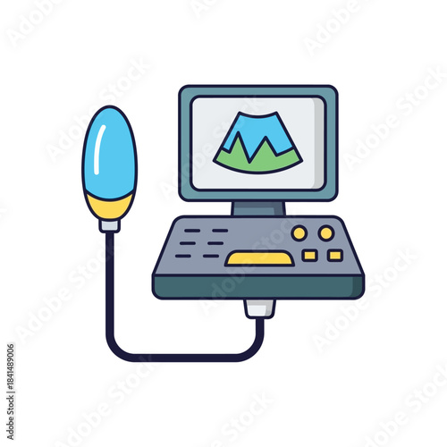 Colorful Cartoon Ultrasound Machine Displaying Mountainous Medical Imagery.