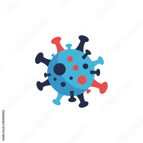 Colorful cartoon virus illustration of a blue coronavirus cell with red and dark blue spike proteins.