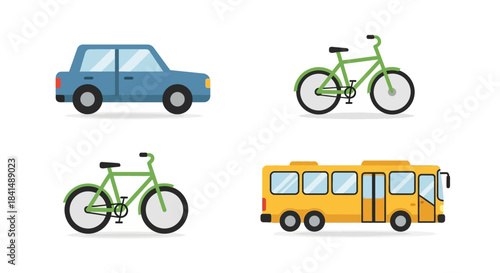 Colorful cartoon vehicles - blue car, two green bicycles, and a yellow city bus illustration set.