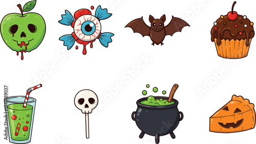Halloween spooky elements collection with skull candy, bat, potion, green apple, and pumpkin pie, cad drawing flat vector illustration