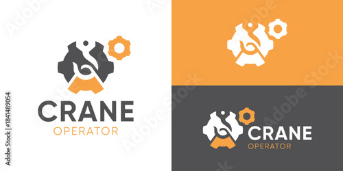 Creative simple crane operator logo template. Cogwheel gear with crane hook logo design vector illustration.