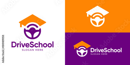 Creative simple drive school logo template. Steering wheel with graduation hat for driving school logo design vector illustration.