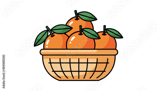 Flat vector illustration of a wicker basket filled with fresh mandarin oranges or tangerines, complete with stems and green leaves.