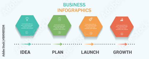 Timline infographic 4 hexagon options.Business infographic Vector with 4 steps.Business hexagon template with options for process diagram, workflow, timeline, web design.