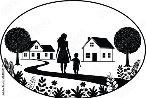 Silhouette of woman and child walking on path through village with trees and flowers in peaceful scenic illustration