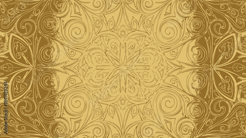 Ornamental Elegance: An intricate, golden, ornamental pattern with swirling details is centered, radiating outward in a display of sophistication and grace. Its antique design adds an air of luxury.