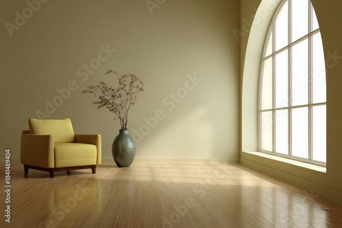 A yellow armchair and vase with dried flowers sit in a sunlit room.