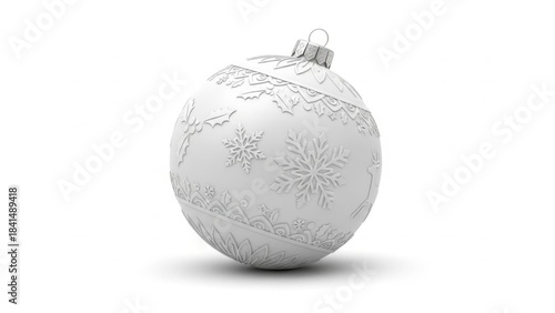 Elegante weiße Weihnachtskugel mit feinen Schneeflockenreliefs in ruhiger minimalistischer Winterästhetik Generative KI