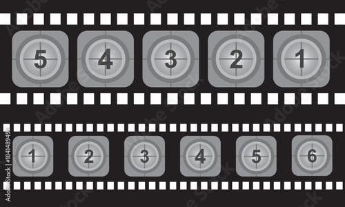 Film Countdown Sequence with Numbers 5-1 and 1-6 on Filmstrip Background