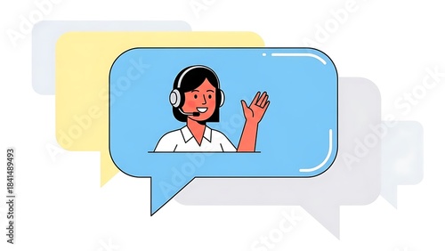 Flat Vector Illustration of Friendly Customer Service Representative with Headset in a Chat Speech Bubble