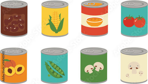 Canned food collection with vegetables and fruits, colorful tin can packaging, grocery product icon set, cad drawing flat vector illustration