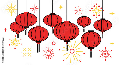 Flat vector illustration of traditional Chinese Red Lantern hanging with black tassel