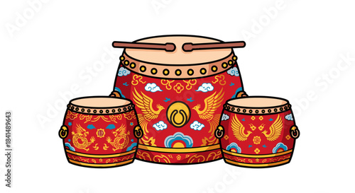 Vector illustration of three traditional Chinese Drums, consisting of one large drum and two small drums decorated with Dragon and Phoenix (Dragon and Fenghuang) patterns.