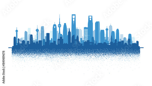Blue city skyline silhouette with skyscrapers and buildings in various shades of blue on