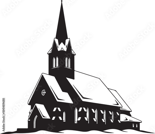 Black and white church building with tall pointed steeple and arched windows pointed roof
