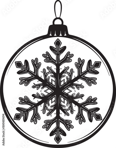 Black and white circular ornament with intricate snowflake and hanging loop at the