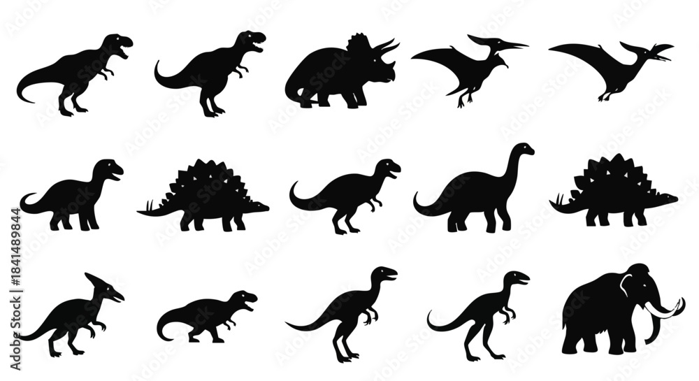 Obraz premium Black dinosaur figures featuring a collection of ancient prehistoric animals rendered in a clean, flat 2D silhouette style, isolated on a stark white background for easy use.