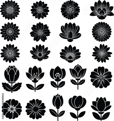 Vector Icons of Various Flower Silhouettes on White Background