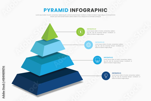 Pyramid infographic template with four blue and green levels stages options and text place
