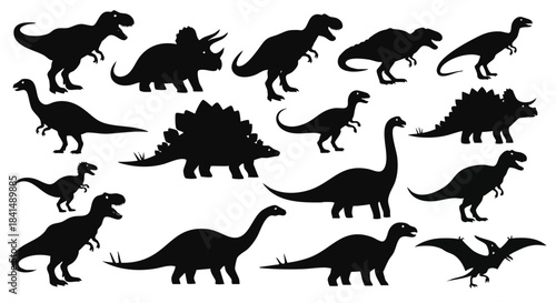 Prehistoric dinosaur silhouettes in black, depicted using a bold, flat 2D vector illustration style, ideal for historical and scientific concepts isolated on a clean white background.