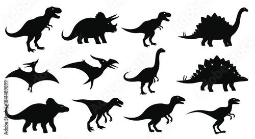 Black flat vector illustration set showcasing various prehistoric Jurassic dinosaur silhouettes, including simple stylized Tyrannosaurus and Triceratops icons isolated on a clean white background.