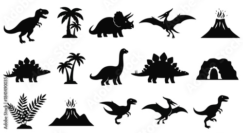Black dinosaur silhouettes depicted in a flat 2D vector illustration icon set, showcasing simple prehistoric wildlife figures isolated against a clean white background.