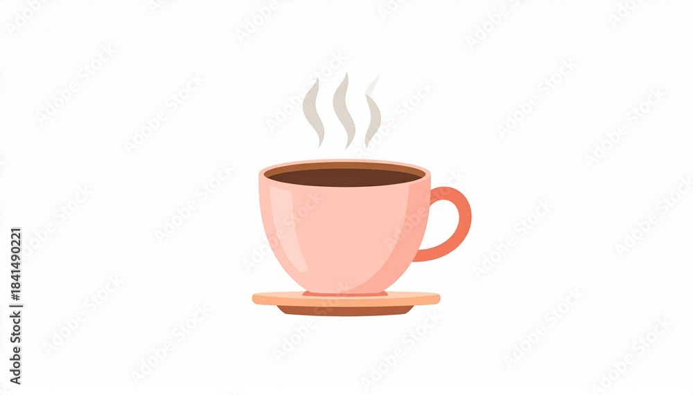 Fototapeta premium Steaming hot coffee or tea in a pink cup on a saucer. Isolated vector illustration of a warm morning beverage.