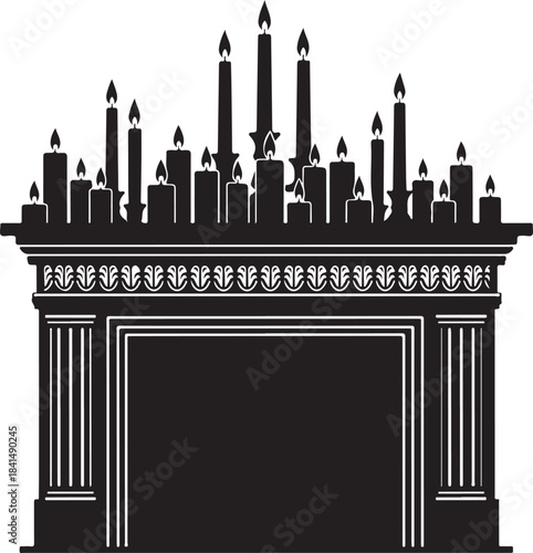 Black and white of a fireplace with lit candles on the mantel