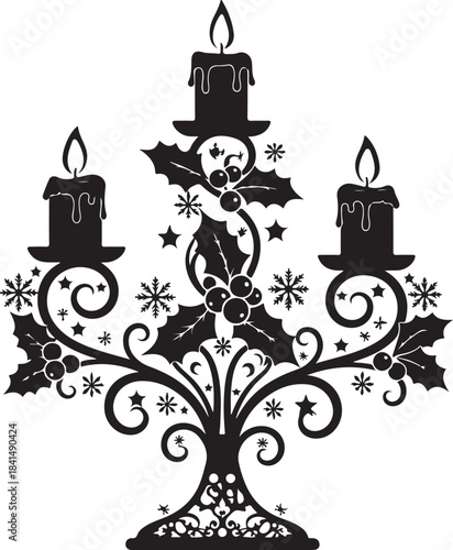 Black and white of a three armed candelabra with holly leaves and snowflakes candles