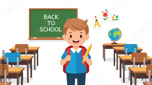 A cartoon boy in a classroom with a green chalkboard that reads back to school