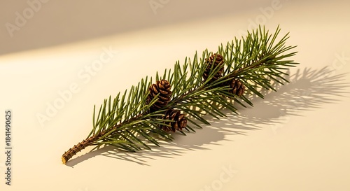 Pine branch with cones on beige background