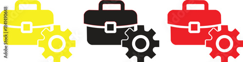 Business Tools and Settings Concept with Briefcase and Gear Icons in Yellow, Black and Red for Management and Productivity