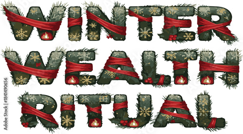 Winter Wealth Ritual Holiday Text With Red Ribbon And Snowflakes
