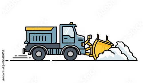 Flat design vector illustration of a snow plow truck in grayish blue and bright yellow.