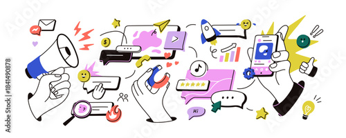 Social media marketing banner. Digital brand strategy, online internet business concept. Abstract advertising campaign, communication in network. Flat vector illustration isolated on white background.