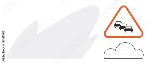 Triangular traffic warning sign with car icons, representing congestion. Cloud symbolizes air pollution. Ideal for transport, urban planning, environment, awareness, safety, signage and ecology