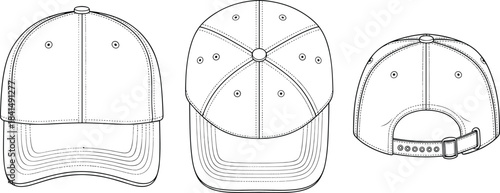 Baseball cap technical drawing front top back view, unisex fashion accessory, adjustable strap design, cad drawing flat vector illustration